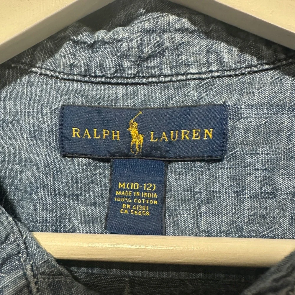 Ralph Lauren Boys Blue Chambray Button Down Shirt Sz  M 10-12 Cotton Long Sleeve